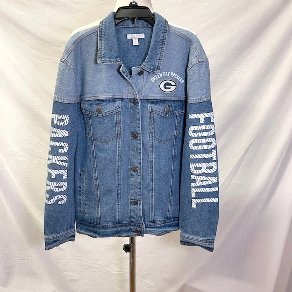 WEAR By Erin Andrews Green Bay Packers NFL Denim Jacket Women's Large - Picture 1 of 5